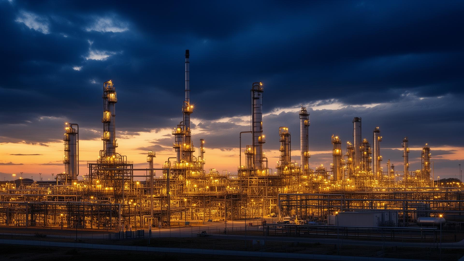 Global oil refinery at dusk